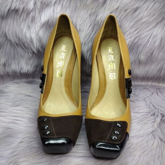 L.A.M.B. Leather Tuxedo Platform Pump Shoes Womens Size 6 Tan Brown Black - Picture 1 of 10